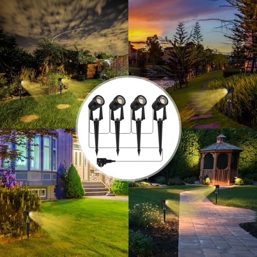 Totofac Garden Spike Lights, 12V 18W Pathway Lights 4-Pack COB LED Garden Spotlights，Ip65 Waterproof Outdoor Landscape Spotlights with Spike Stand for Garden, Yard, Lawn(Warm White) (20, Watts)