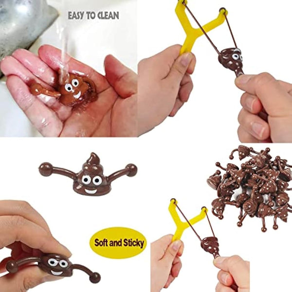 12pcs Funny Poo Slingshot Toy for Kids Adults,10 Poo Mochi Squishy Toys with 2 Slingshot,Poop Finger Shooting Slingshot Prank for Kids,Fun Mini Rubber Slingshot Flying Poop Toys Joke Toys Xmas Gifts