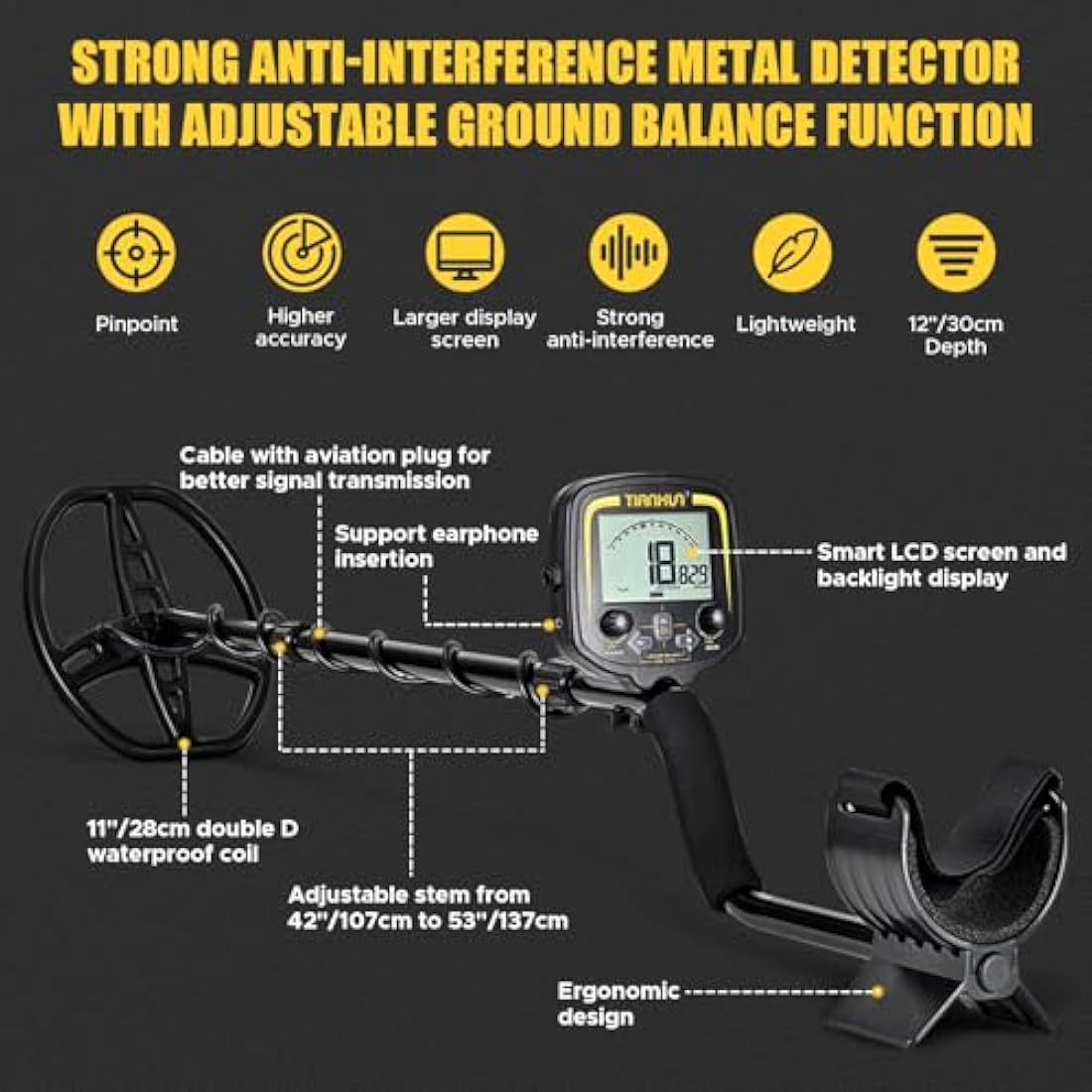Hazlewolke Professional Metal Detector for Adults with Adjustable Ground Balance, Strong Anti-interference Ability & High Sensitivity & Pinpoint Mode, 11" Double D Waterproof Search Coil Gold Finder