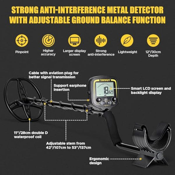 Hazlewolke Professional Metal Detector for Adults with Adjustable Ground Balance, Strong Anti-interference Ability & High Sensitivity & Pinpoint Mode, 11" Double D Waterproof Search Coil Gold Finder