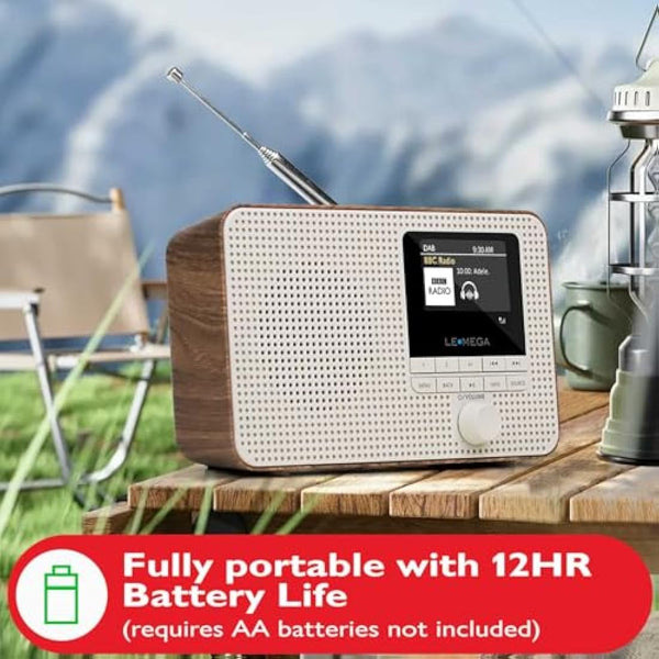 Internet Radio with DAB | Portable DAB+ Bluetooth Radio | Digital Radios Mains and Battery 12hr Play | FM,Podcast Player,Dual Alarm | 60 Presets,Headphone Jack, Colour Display | LEMEGA IR1 Walnut