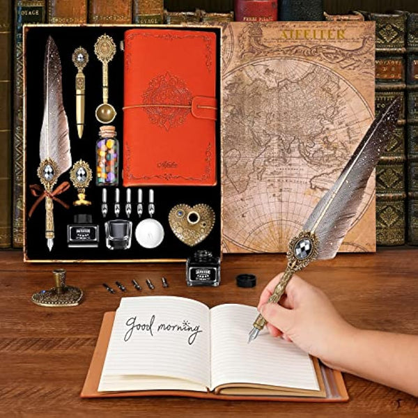 MPRINCE Feather Pen Ink Set,Includes Quill Pen,Notebook,Ink,5 Replaceable Nibs,Pen Holder,Cup,Seal Stamp,Spoon,Wax Bead,White Wax,Envelope & Letter Paper Etc-Grey