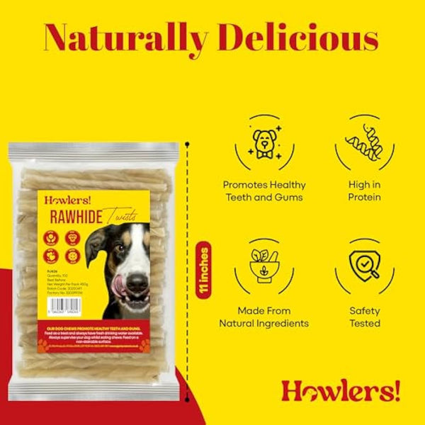 HOWLERS Natural 13cm Pack of 100 Dog Chew Rawhide Twists | Natural Dog Chews Stick For All Dogs | Delicious Dog Chew Sticks For Your Furry Friend