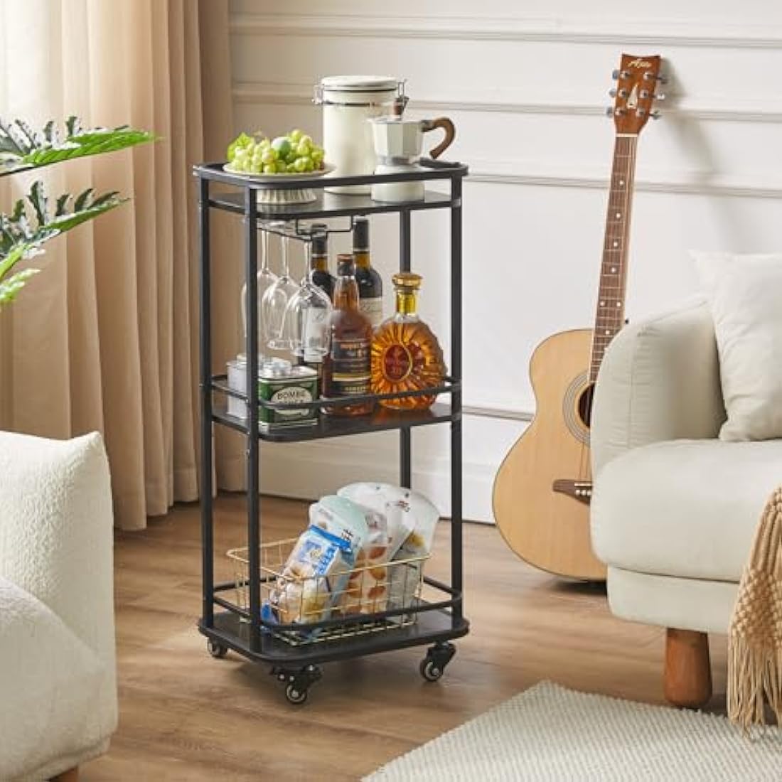 IBUYKE 3-Tier Home Bar Serving Cart,Kitchen Storage Carts With Wheels,11.79x15.72x33.01 inches,Rolling Mini Bar Cart for Home, Outdoor, Kitchen, Bedroom, Living Room TMJ319B