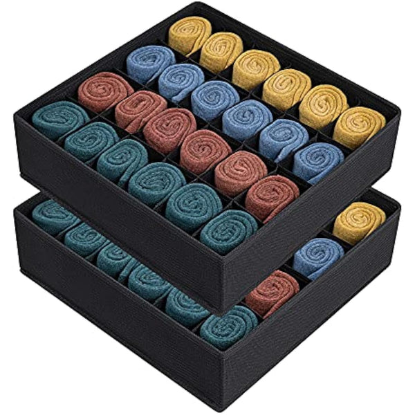 Joyoldelf Drawer Organisers Dividers 2 Packs Wardrobe Organiser, 24 Cell Collapsible Closet Cabinet Organizer Underwear Storage Boxes for Storing Socks, Bra, Handkerchiefs (Black)