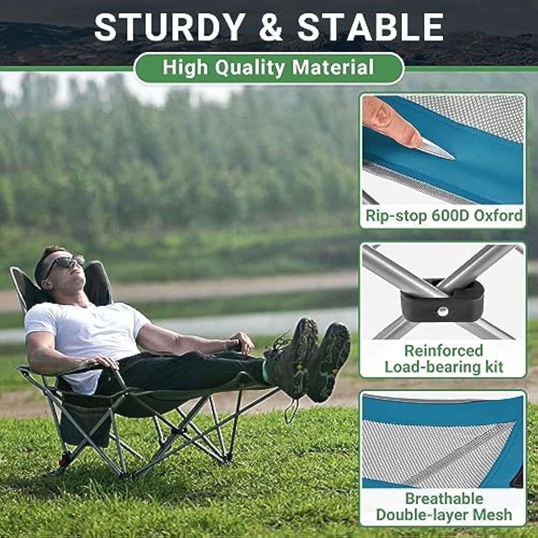 #WEJOY Camping Chairs Folding Recliner Chair Adjustable with Detachable Footrest Headrest Cup Holder Lightweight Portable Reclining Camp Chair Fold Up Chair for Outdoor Beach Garden,Cyan