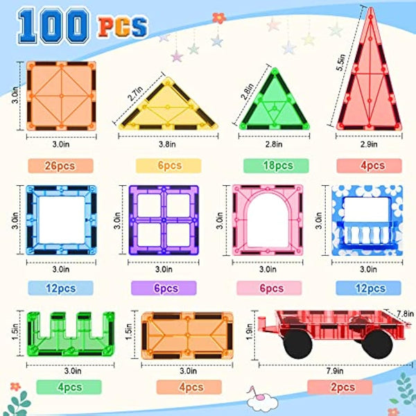 100PCS Magnetic Tiles STEM Building Toys Set with 2 Cars, Sensory Stacking Magnetic Blocks for Toddlers & Kids, Ideal for Preschool Montessori Toys Christmas Birthday Gifts for Boys & Girls Ages 3+