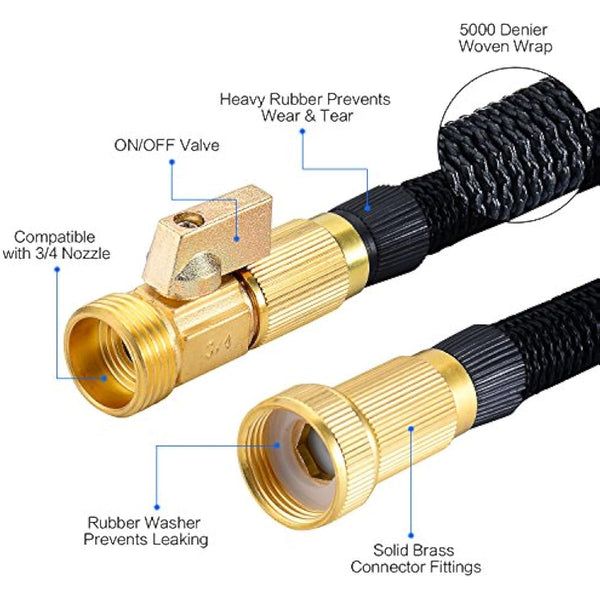 HmiL-U Garden Hose 50ft 15m Strongest Double Latex Inner Tube Prevent Leaking Magic Hosepipe with 9 Function Spray Gun+Solid Brass Fittings (Retracted Length 17ft)【2 YEARS 100% Guaranteed】(50ft)