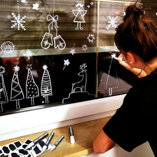 AOSUCO White Chalk Pens, Washable Liquid Chalk Pens for Blackboards, Window, Glass, Chalkboard, Jars, 4 Pack Chalk Markers (3mm & 6mm Reversible Tip) with 45 Labels, Wipeable Blackboard Pens