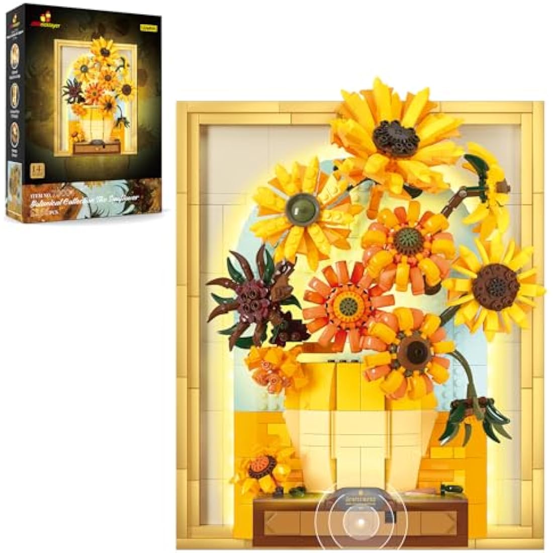 JMBricklayer Sunflower Art Building Toy with Light, 70004 Van Gogh Painting Wall Art Desktop Home Office Room Decor, Sunflower Picture Frame Gift for Men Women Him Her (1166PCS)
