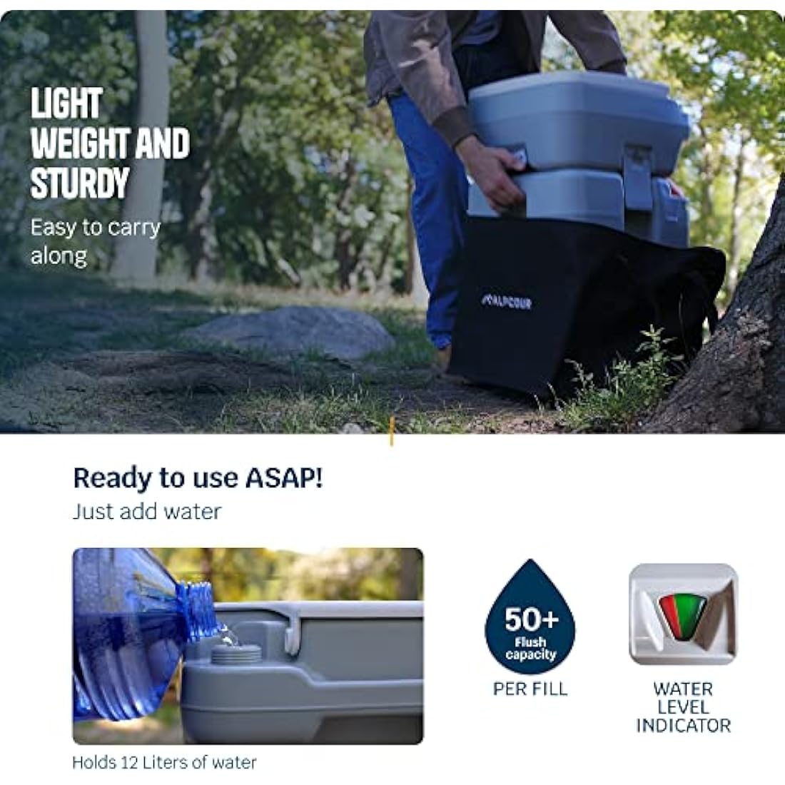 Alpcour Portable Toilet – Compact Indoor & Outdoor Commode w/Travel Bag for Camping, RV, Boat & More – Piston Pump Flush, 5.3 Gallon Waste Tank, Built-In Pour Spout & Washing Sprayer for Easy Cleaning