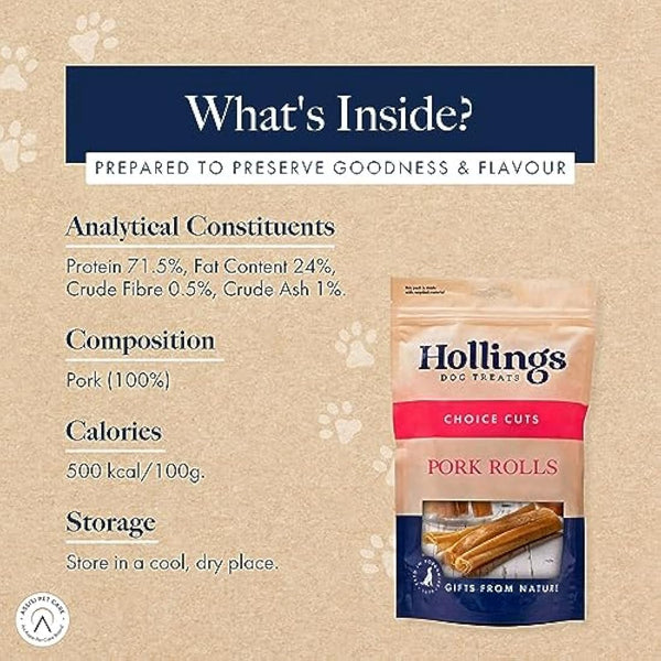 Hollings Pork Rolls Dog Treats, 100% Natural Air Dried Long Lasting Chews for Adult Dogs, Grain Free & High in Protein (Pack of 60)