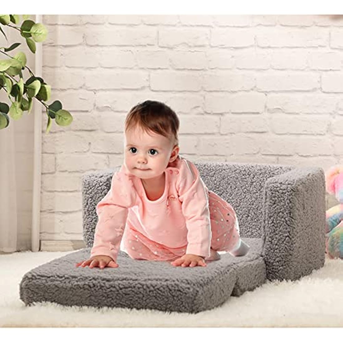 BEJOY Kids Sofa Bed 2-in-1 Flip Out Cuddly Sherpa Toddler Couch Convertible Chair to Lounger Children Sofa Bed Children's Day and Birthday Gift for Girls Boys, Grey
