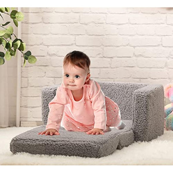 BEJOY Kids Sofa Bed 2-in-1 Flip Out Cuddly Sherpa Toddler Couch Convertible Chair to Lounger Children Sofa Bed Children's Day and Birthday Gift for Girls Boys, Grey