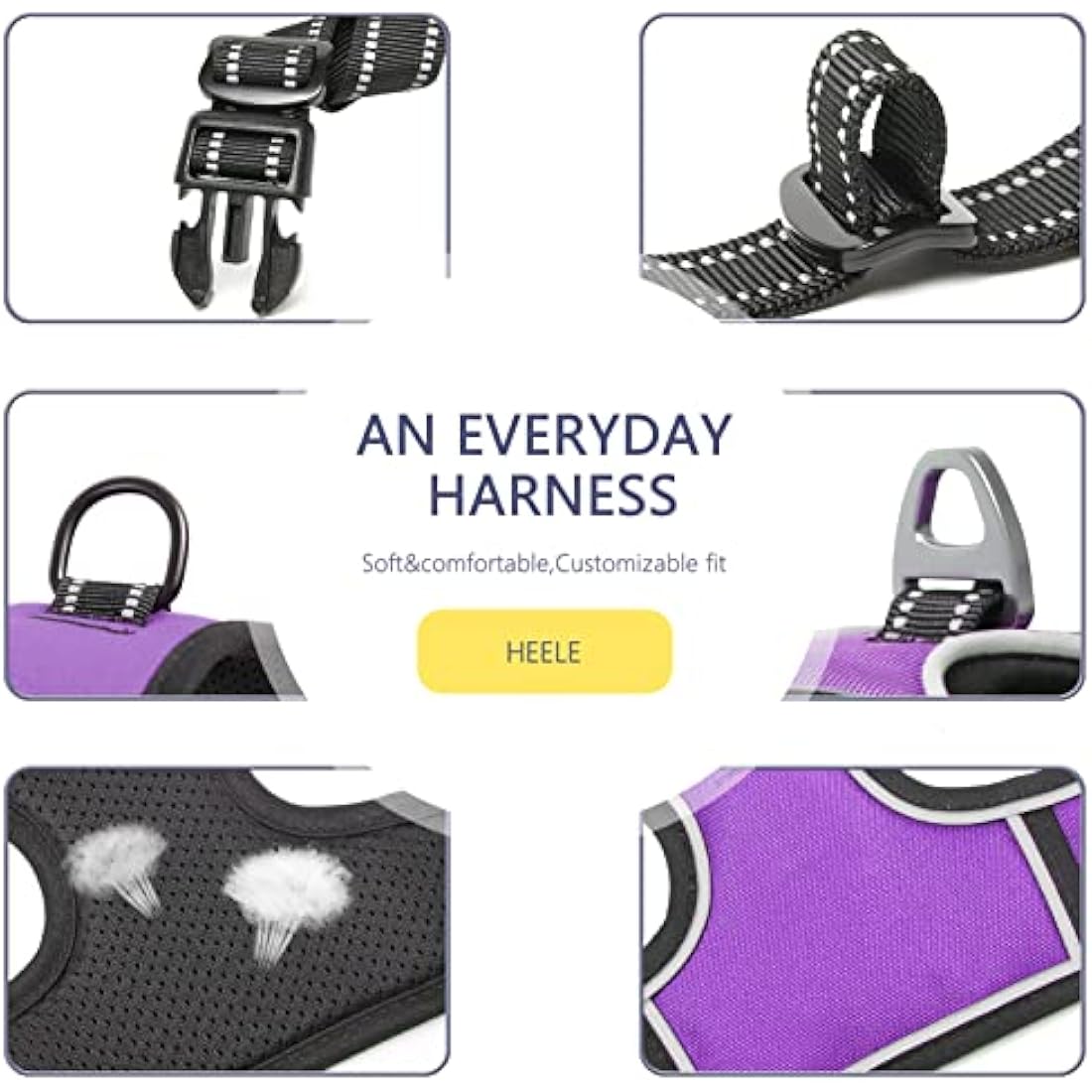 HEELE Dog Harness, No Pull Dog Harness Small, Release on Neck, Reflective Adjustable Dog Harness with Front Back 2 Leash Attachments and Soft Padded Control Handle for Dogs Walking Training, Purple, S