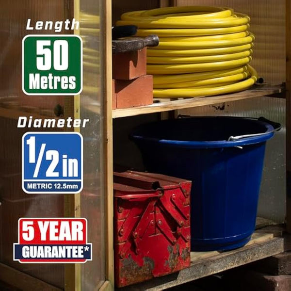 Faithfull Heavy-Duty Reinforced PVC Builders Hose 50M (164ft) 12.5mm (1/2in) Diameter – 24 Braid Fibre Mesh, Kink & Twist Resistant Hose Pipe