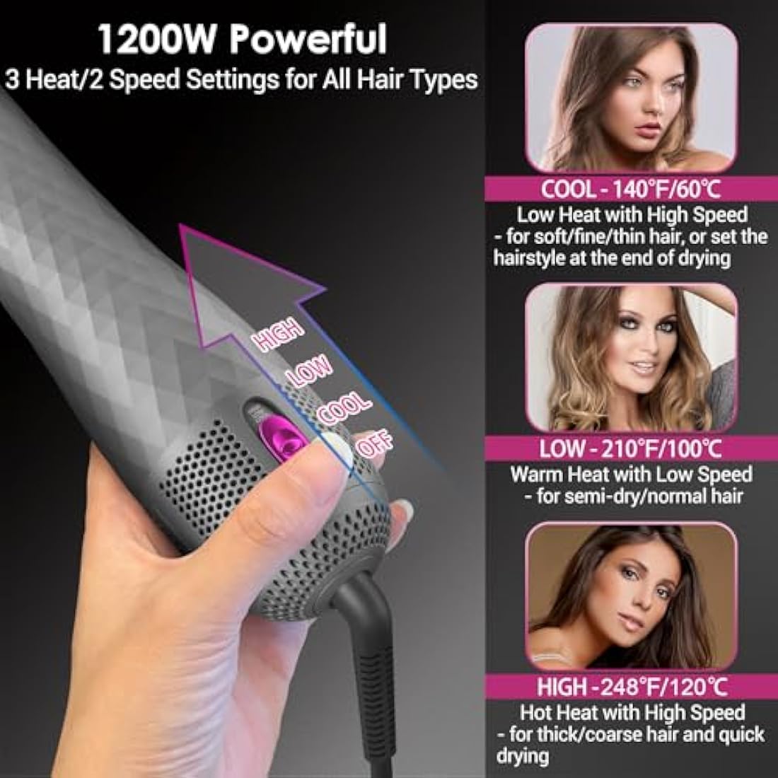 APOKE 3 in 1 Hair Dryer Brush Professional 1200W Powerful Ceramic Tourmaline 3 Heat/2 Speed Settings One Step Hair Dryer and Styler