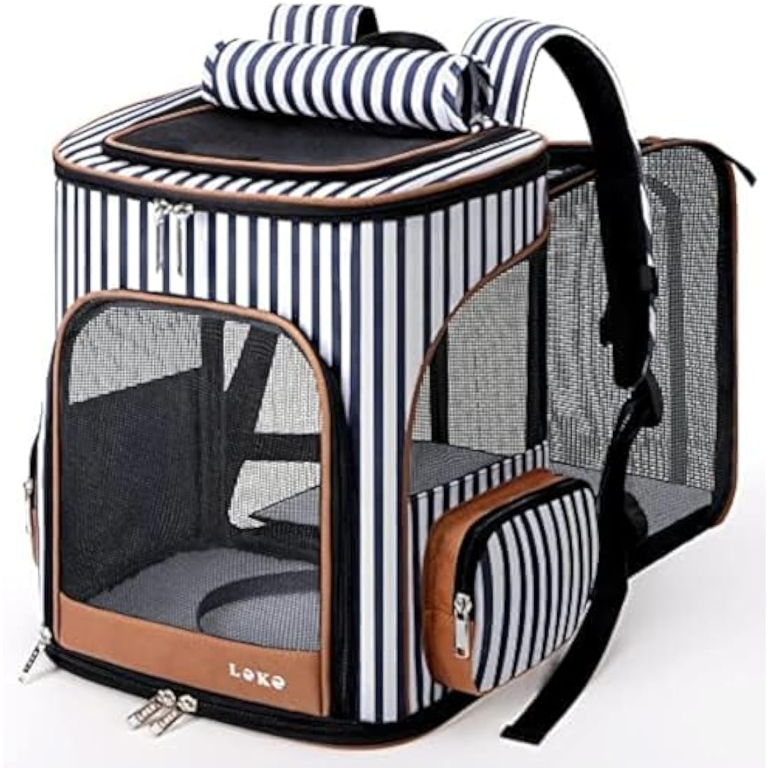 Lekesky Expandable Cat Carrier Backpack - Portable Breathable Rucksack for Medium and Small Cats & Dogs, Foldable with Inner Escape-proof Leash and Pet Mat, Supports 20 lbs (Striped)