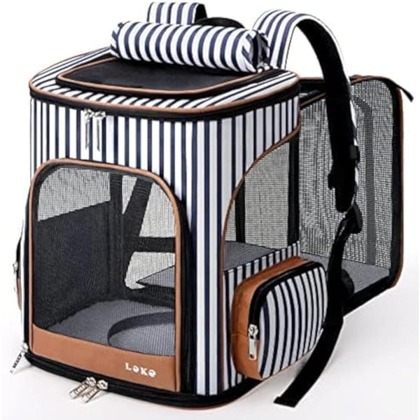 Lekesky Expandable Cat Carrier Backpack - Portable Breathable Rucksack for Medium and Small Cats & Dogs, Foldable with Inner Escape-proof Leash and Pet Mat, Supports 20 lbs (Striped)