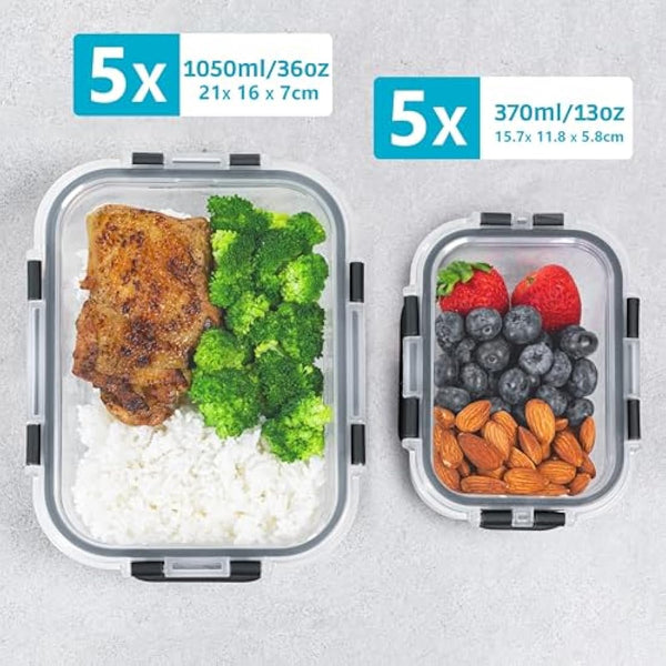 Igluu Meal Prep Glass Containers with Airtight Lids 10 Pack Rectangle 2 Sizes 1050ml and 370ml BPA-Free Meal Prep Containers Reusable – Borosilicate Glass, Oven Safe