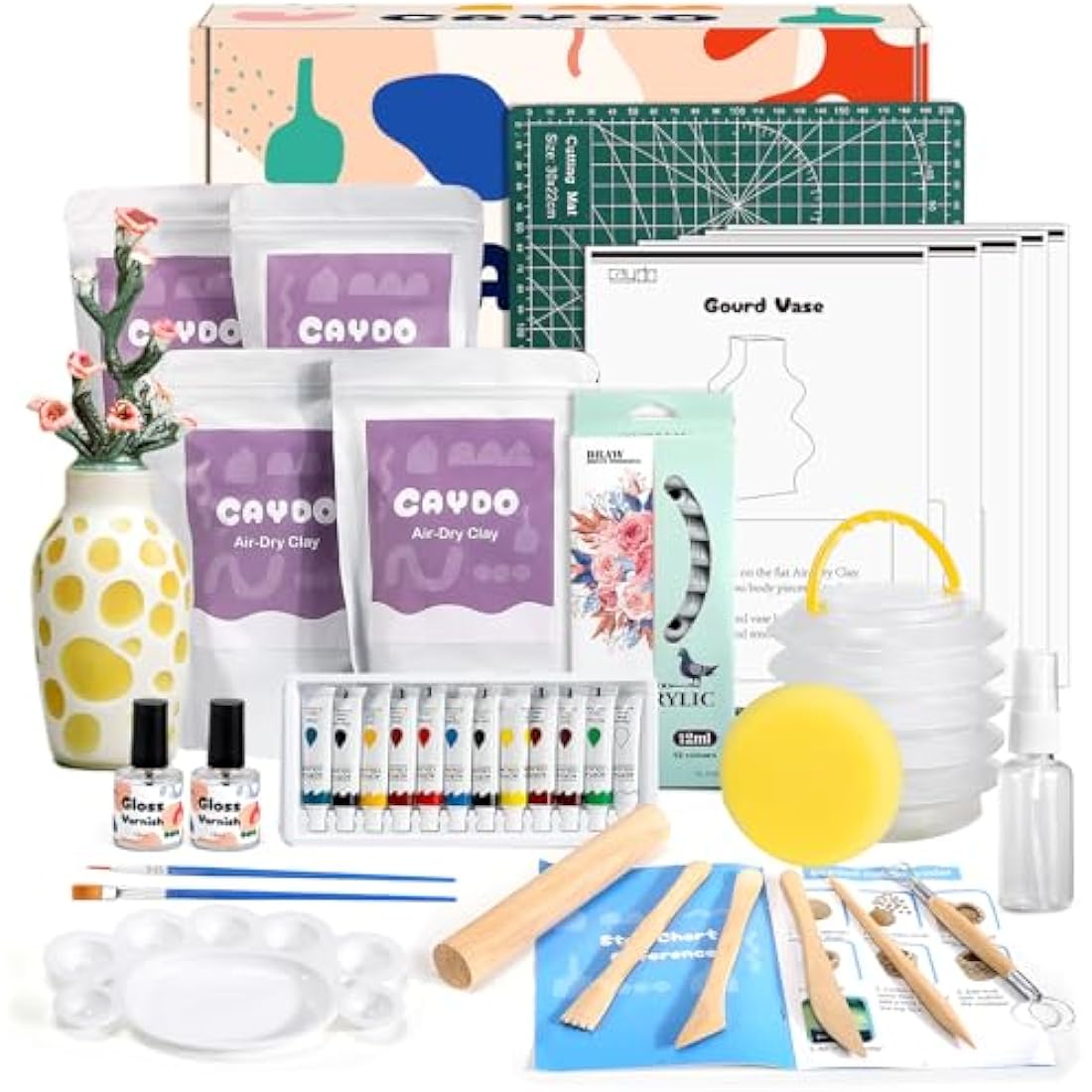 Caydo 2KG Air Dry Clay Pottery Kit for Beginners and Adults - DIY Craft Set with 5 Pottery Template Kit, Tools, Acrylic Paints, Varnish and Step-by-Step Guide - Ideal for Ceramic Kit and Gift