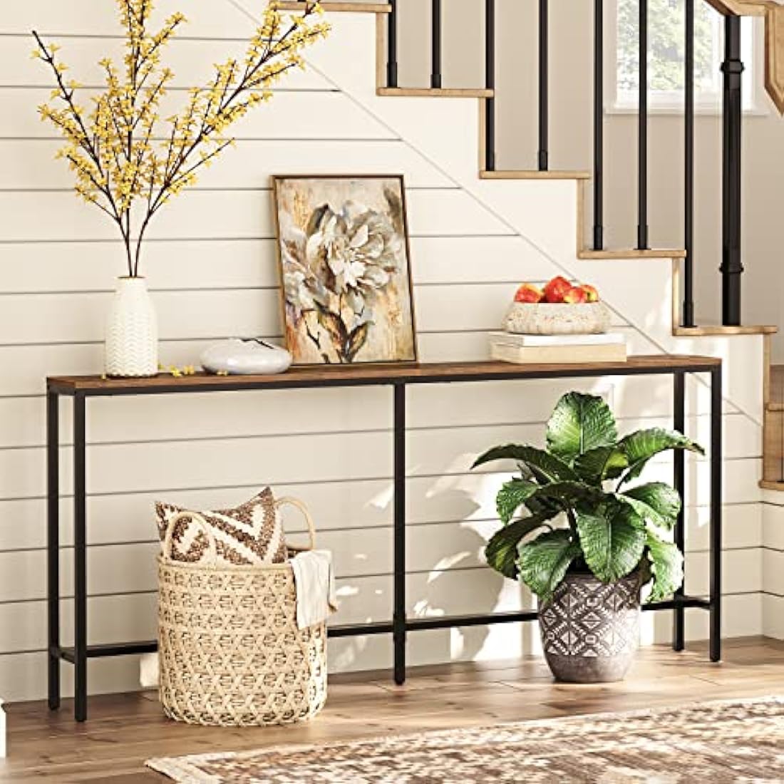 MAHANCRIS Console Table, 180 CM Narrow Long Sofa Table, Entryway Table, Industrial Sofa Table, Side Table, for Hallway, Living Room, Sturdy and Stable, Easy to Assemble, Rustic Brown ACTHR18001Z