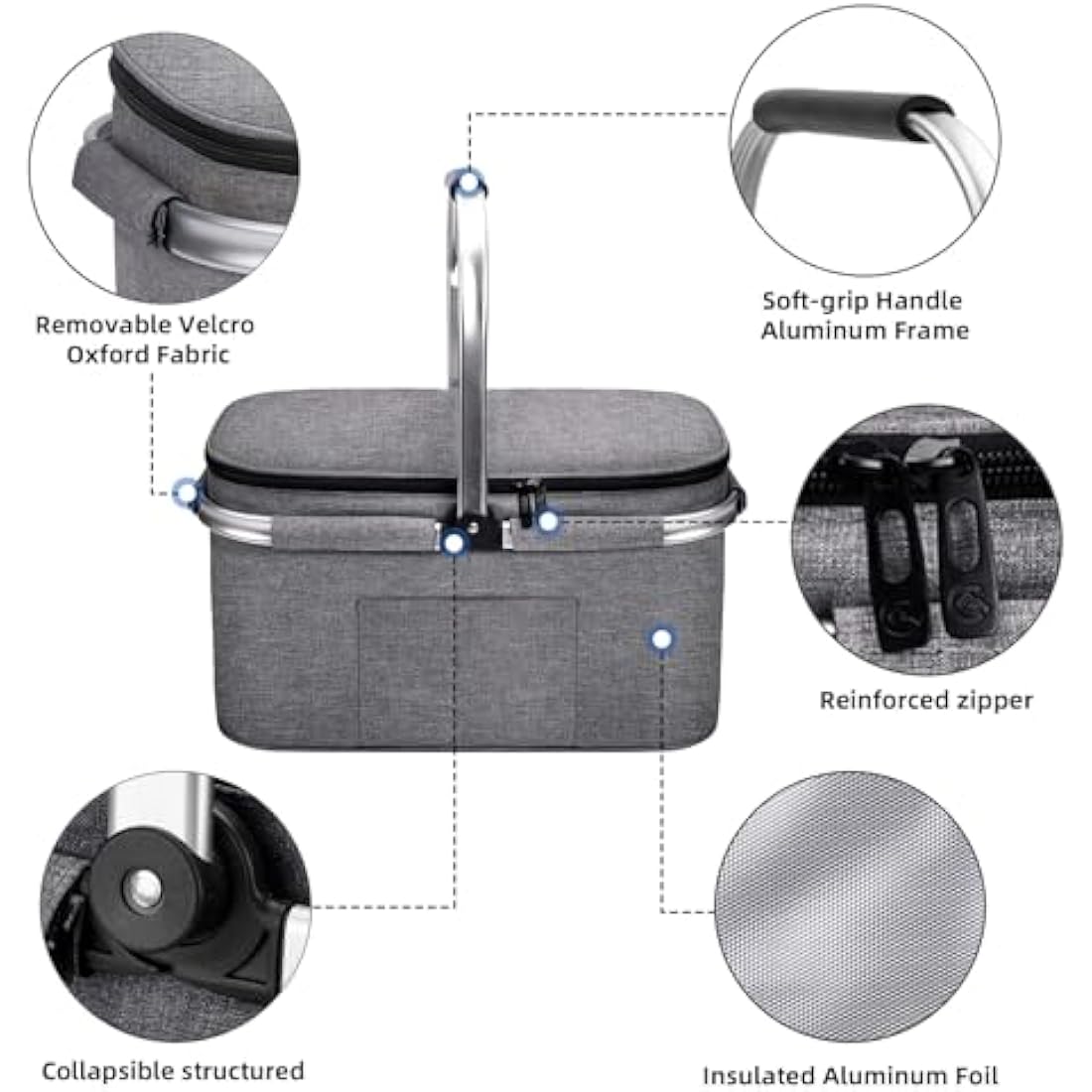 ALLCAMP Cool Bag - Insulated Shopping Basket with Lid, Ice Box Cooler,Removable Picnic Basket for 4 People, Thick Thermal Basket with Aluminum Frame (Large Gray)