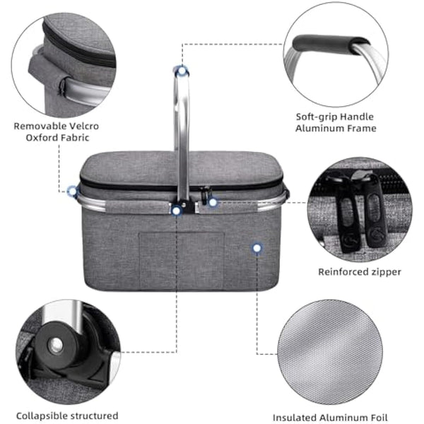 ALLCAMP Cool Bag - Insulated Shopping Basket with Lid, Ice Box Cooler,Removable Picnic Basket for 4 People, Thick Thermal Basket with Aluminum Frame (Large Gray)