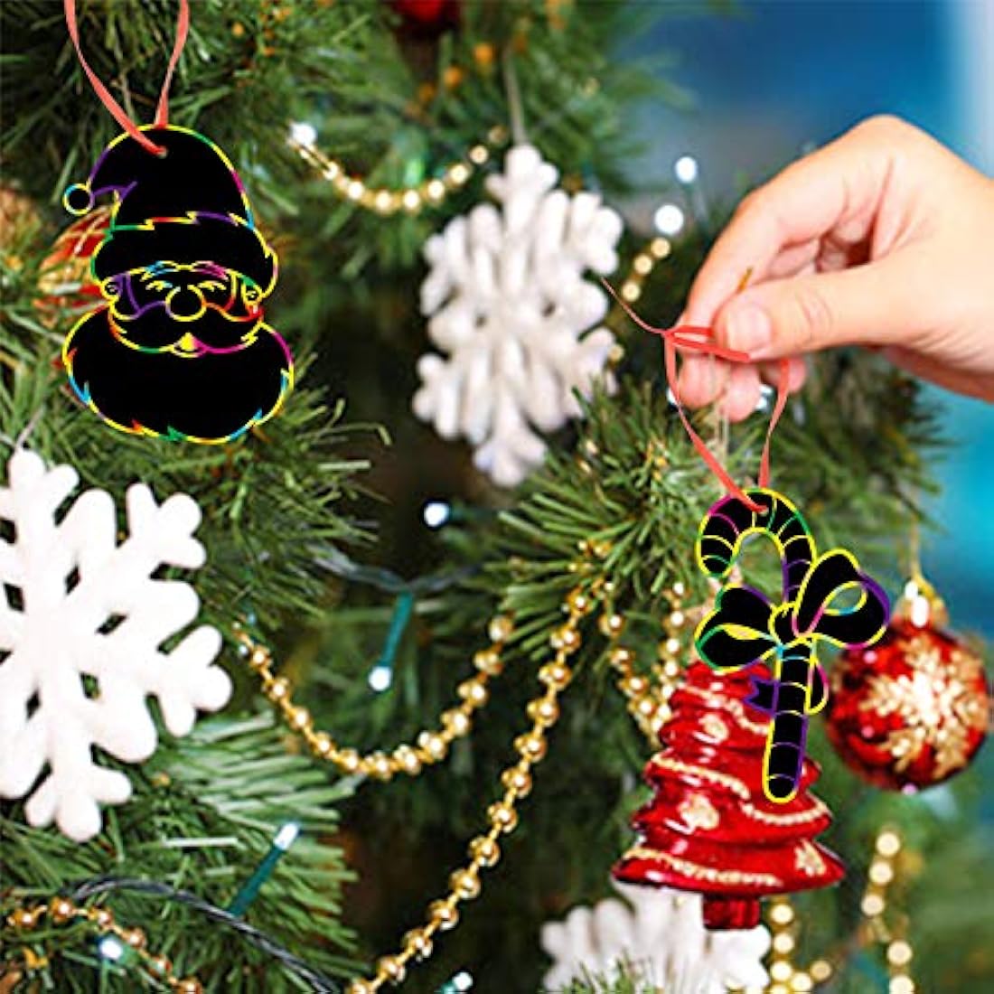 LOKIPA Christmas Scratch Paper Art Ornaments,80 Rainbow Magic Scratch Off Paper Cards with Drawing Sticks&Ribbon for Christmas Decoration