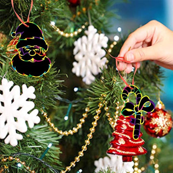 LOKIPA Christmas Scratch Paper Art Ornaments,80 Rainbow Magic Scratch Off Paper Cards with Drawing Sticks&Ribbon for Christmas Decoration
