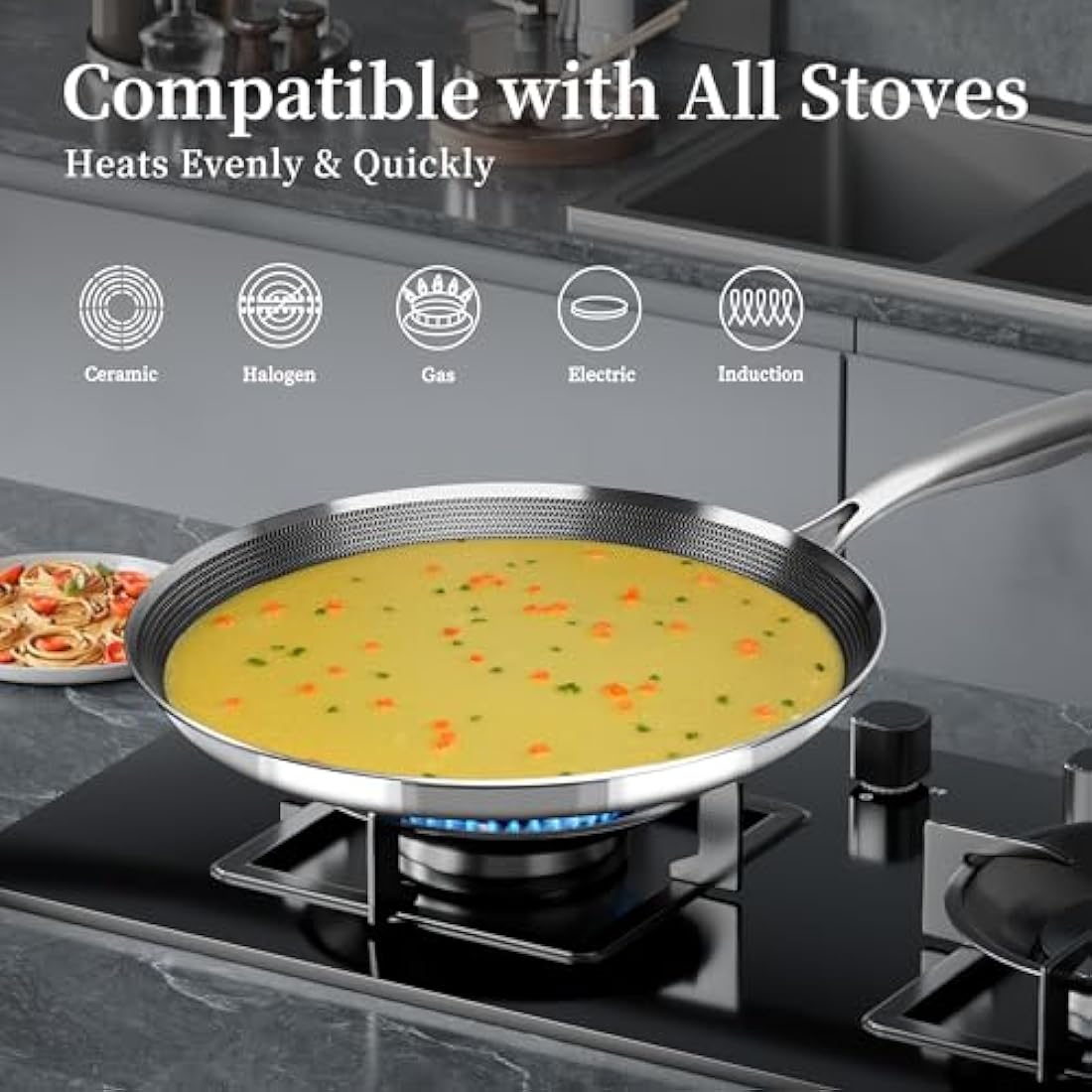 Innerwell Stainless Steel Crepe Pan 30 cm, Nonstick Stainless Steel Honeycomb Coating Pancake Pan, Non Stick Flat Skillet Tawa Dosa Tortilla Griddle Pan, Induction Compatible, PFOA Free