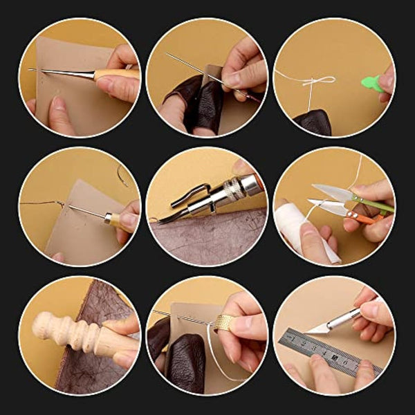 Leather Working Tools Leather Craft Tools and Supplies Leather Craft Kit with Waxed Thread Stitching Groover Awl for Cutting Punching, Leather Sewing Craft Making and Craft DIY