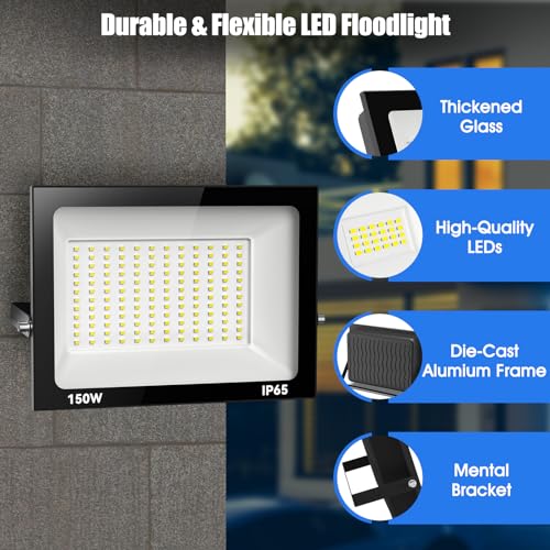 Royana 150W 15000LM LED Floodlight, Super Bright 6000K Cold White Security Lights, IP65 Waterproof Outdoor FloodLight for Yard, Garage, Warehouse,