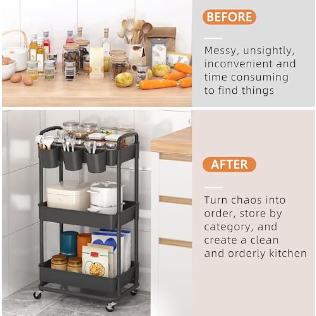 JIUYOTREE 3-Tier Plastic Rolling Storage Cart Utility Cart with Extra Hanging Cups Handles Lockable Wheels for Living Room Bathroom Kitchen Office Black