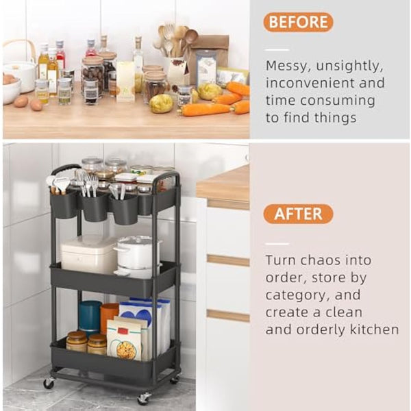 JIUYOTREE 3-Tier Plastic Rolling Storage Cart Utility Cart with Extra Hanging Cups Handles Lockable Wheels for Living Room Bathroom Kitchen Office Black