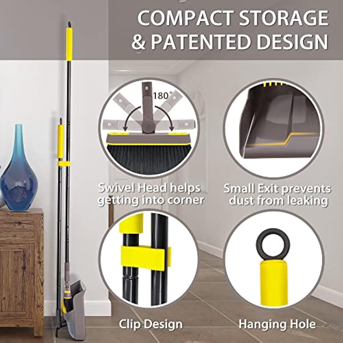 JEHONN Dustpan and Brush Set with 138 CM Long Handle, Tall Sweeping Broom with 180 Degree Swivel Head, Unique Garden Dust Pan with Comb Teeth for Indoor Outdoor Home Lobby Kitchen Office Room