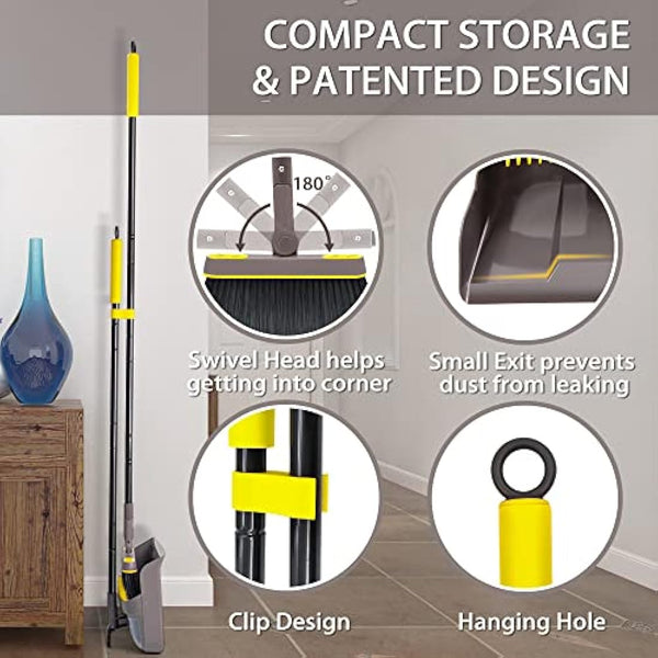 JEHONN Dustpan and Brush Set with 138 CM Long Handle, Tall Sweeping Broom with 180 Degree Swivel Head, Unique Garden Dust Pan with Comb Teeth for Indoor Outdoor Home Lobby Kitchen Office Room