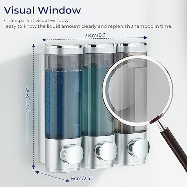 modunful Shampoo and Conditioner Dispenser, Shower Dispenser 3 Chamber No Drill Shampoo Dispenser for Shower Wall Mounted Conditioner Body Wash Liquid Soap for Bathroom,Large Capacity,Silver