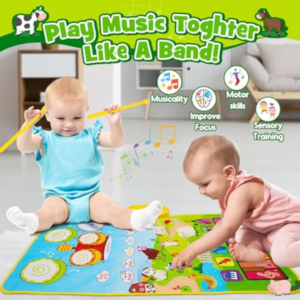 HappyGoLucky Musical Toys for 1 2 Year Old Boys, 3 in 1 Animal Piano Drum Mat with 19 Sound & Recording Function Toddler Toys 1 2 Year Old Boy Gifts, 1st Birthday Gifts for Boys Easter Gifts for Kids