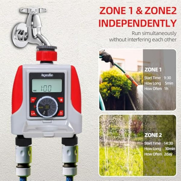 Aqualin Water Sprinkler Timer Two Outlets Electronic Hose Tap Garden Irrigation System Controller Watering Computer Waterproof for Lawn Yard