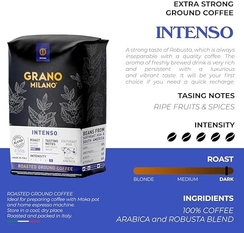 Grano Milano Ground Coffee 750g, Intenso Arabica and Robusta, Dark Roast Intensity 5/5 Extra Strong Coffee, Made in Italy