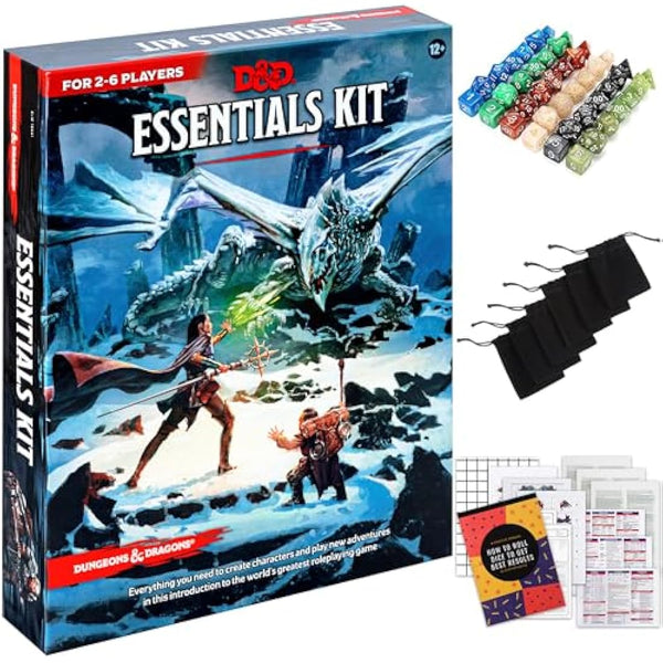 Dungeons and Dragons Essentials Kit - Starter Set Extra 6 Dice Sets, Flannel Bags, Master Screen, Figures, New Heroes, Dice Guide, Statistic Sheets - DND 5th Edition Rolling Board Game