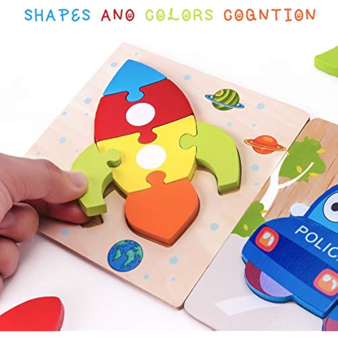 Highttoy Wooden Jigsaws for 1 2 3 Year Olds,5 Pcs Jigsaw Puzzles for Toddlers Traffic Vehicle Chunky Shape Blocks Early Educational Montessori Wooden Toys for 1+ Year Old Boys Girls