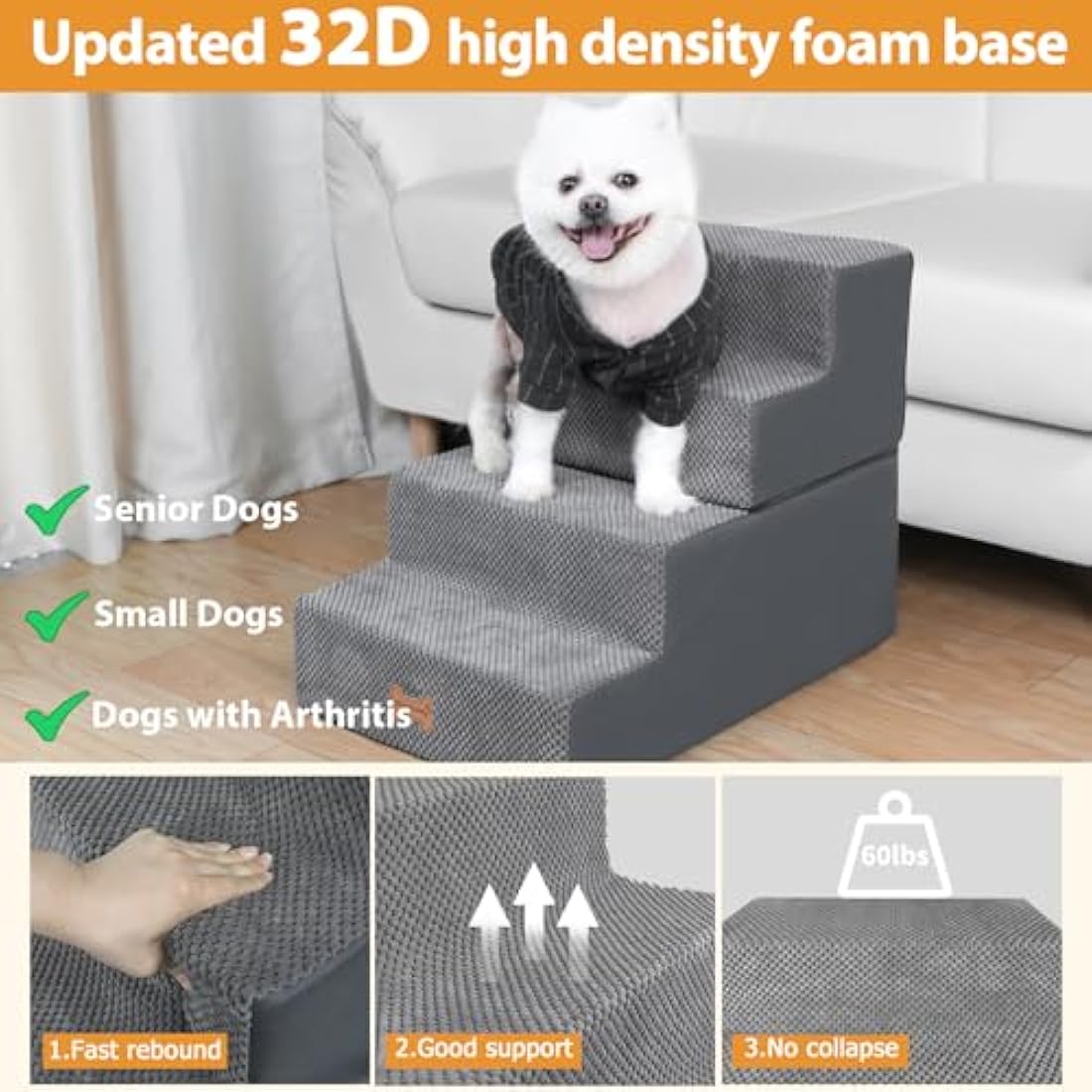 Nepfaivy Dog Steps Stairs for Bed - Non-Slip Pet Stairs for Small Dogs and Cats, 4-Steps Dog Ramp for Sofa with High Density Foam and Removable Cover, 61x40x45cm