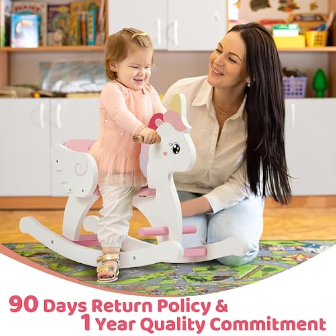 FUNLIO Wooden Unicorn Baby Rocking Horse Ages 0.5-3, Cute Baby Rocking Horse with Safety Belt & Backrest, Easy to Assemble Toddler Ride on Toys, CPC & CE Certified - Pink