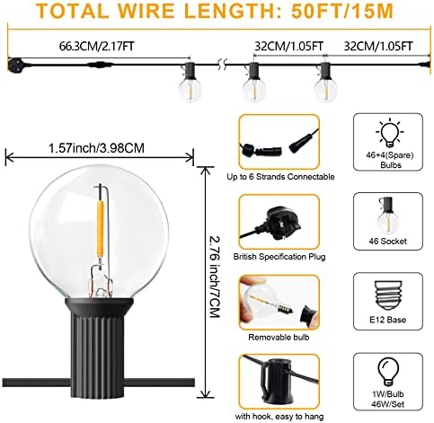 BRIMAX Outdoor String Lights, Garden Lights Mains Powered, 46pcs Sockets, 50pcs G40 1W LED Bulbs Shatterproof, 2200K Warm White, 50ft Waterproof Festoon Lights Outdoor for Cafe Patio Xmas Wedding