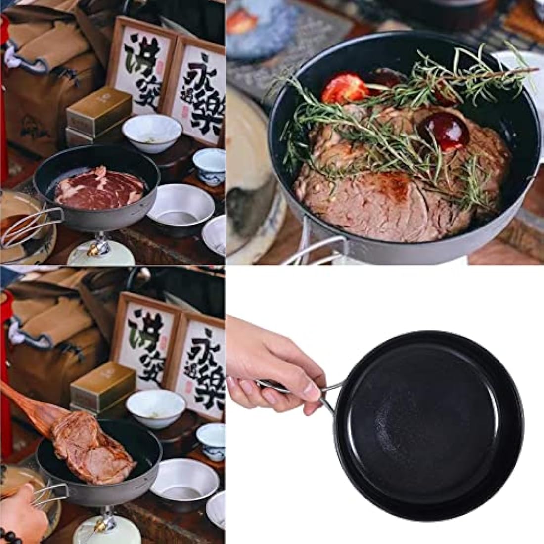 iBasingo 1000ml Titanium Frying Pan 19cm Camping Cookware with Lid & Folding handle Outdoor Lightweight Portable Griddle Hiking Skillet Dish Plate Bowl Kitchen Cooking Kit