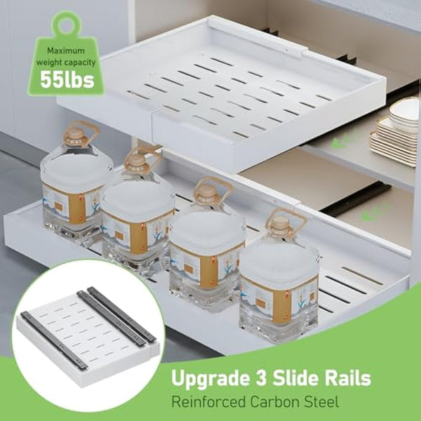 HumiLuft 2PCS Pull Out Cabinet Organiser, 32-52cm Extendable Slide Out Kitchen Drawer Adhesive,Upgrade 3-Rails Slide Drawers Storage Shelves with Rail System for Kitchen Base Cabinet Organization