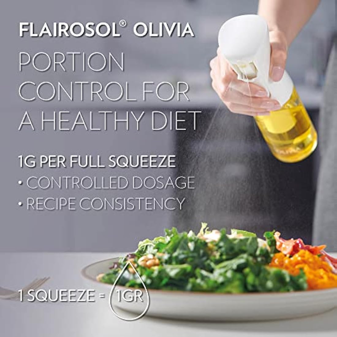 FLAIROSOL OLIVIA. The Original Advanced Oil Sprayer for Cooking, Salads, BBQs and More, Continuous Spray with Portion Control, Trusted by Chefs. Patented Technology (Glass Bottle) (Gold Print)
