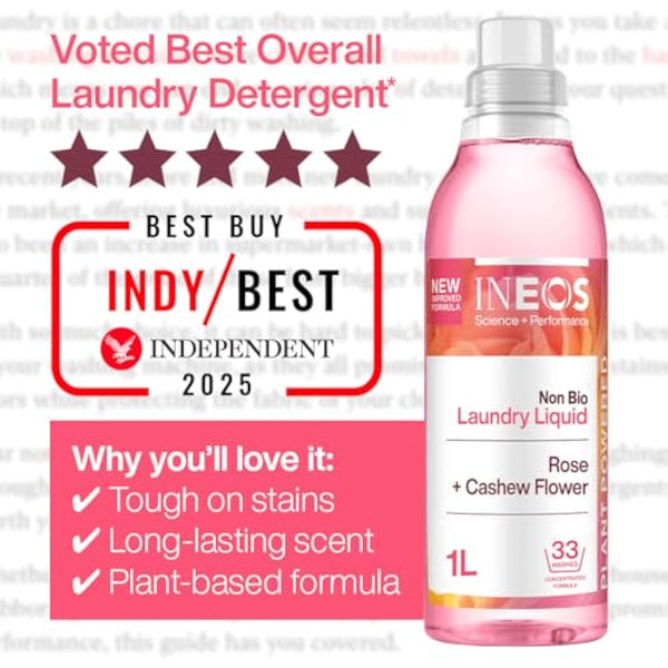 INEOS Next-Gen Non Bio Laundry Washing Liquid Detergent, 198 Washes (6 x 1L), High Performance Stain Remover For Clothes, Plant Powered, For Sensitive Skin, Rose + Cashew Flower, Packaging May Vary
